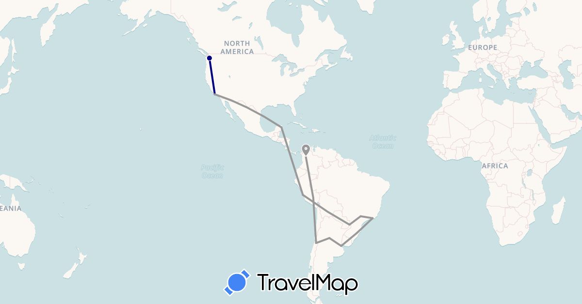 TravelMap itinerary: driving, plane in Argentina, Brazil, Chile, Colombia, Mexico, Peru, United States (North America, South America)